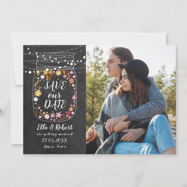 Save the Date Mason Jar String Lights Boho Photo (Front)