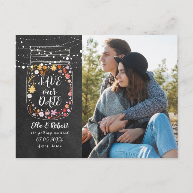 Save the Date Mason Jar String Lights Boho Photo Announcement Postcard (Front)