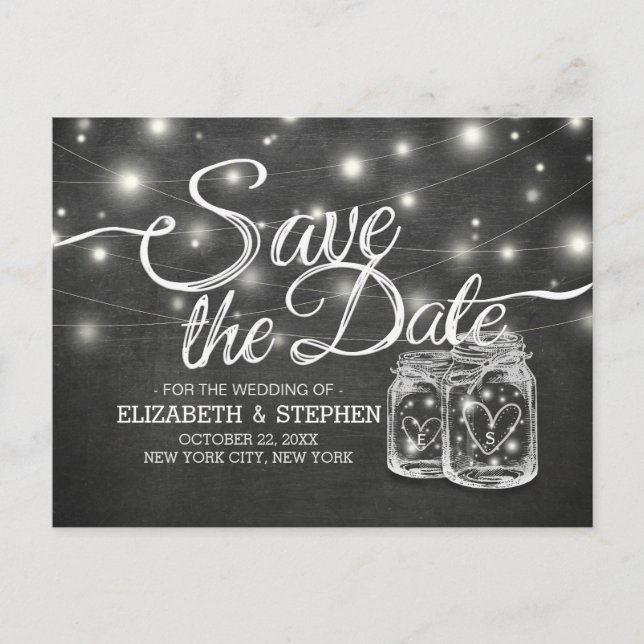 Save The Date Mason Jar String Lights Chalkboard Announcement Postcard (Front)