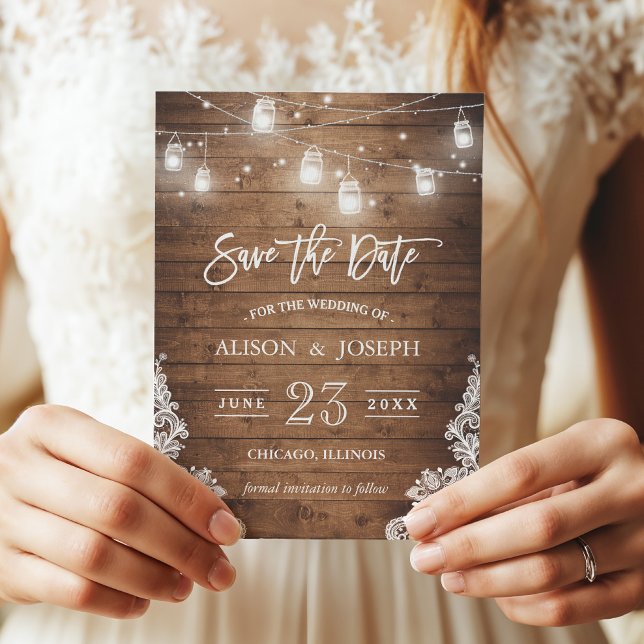 Save The Date Mason Jars Lights Rustic Wood Lace (Creator Uploaded)