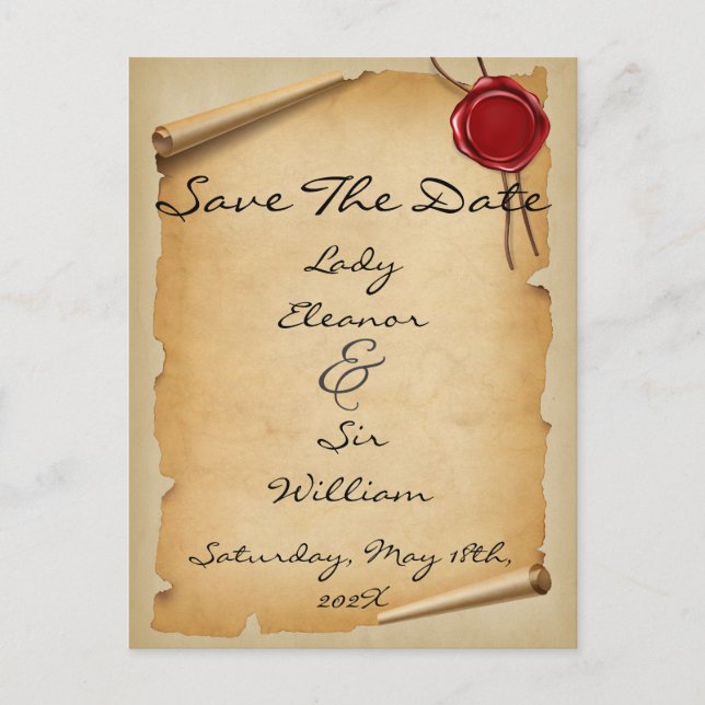 Save The Date Mediaeval Aged Scroll Wax Seal Postcard (Front)