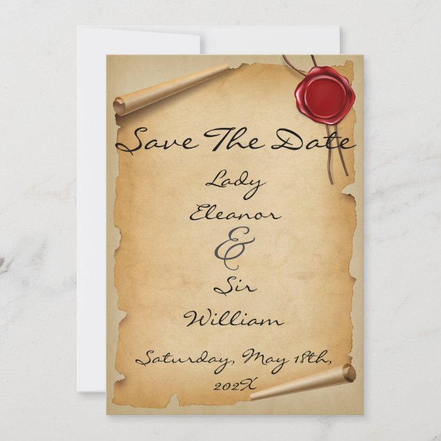 Save The Date Mediaeval Parchment Scroll Red Seal (Front)