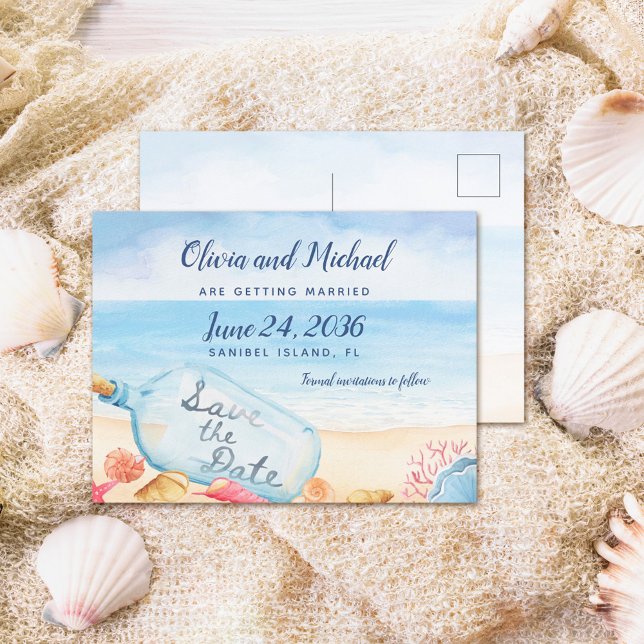 Save the Date Message In Bottle Beach Wedding Announcement Postcard (Creator Uploaded)