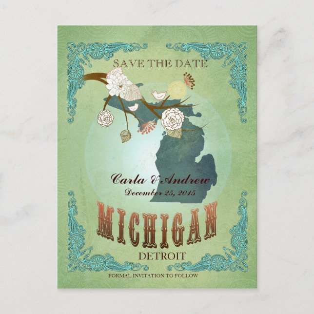 Save The Date - Michigan Map With Lovely Birds Announcement Postcard (Front)