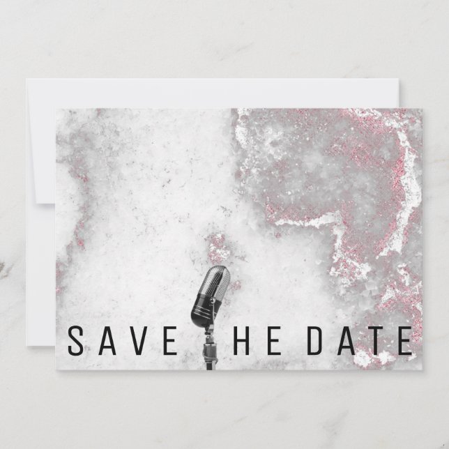 Save The Date Microphone Glitter Pink Grey Marble (Front)
