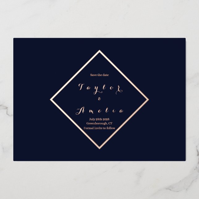 Save the Date Minimal Chic Rose Gold Navy (Front)