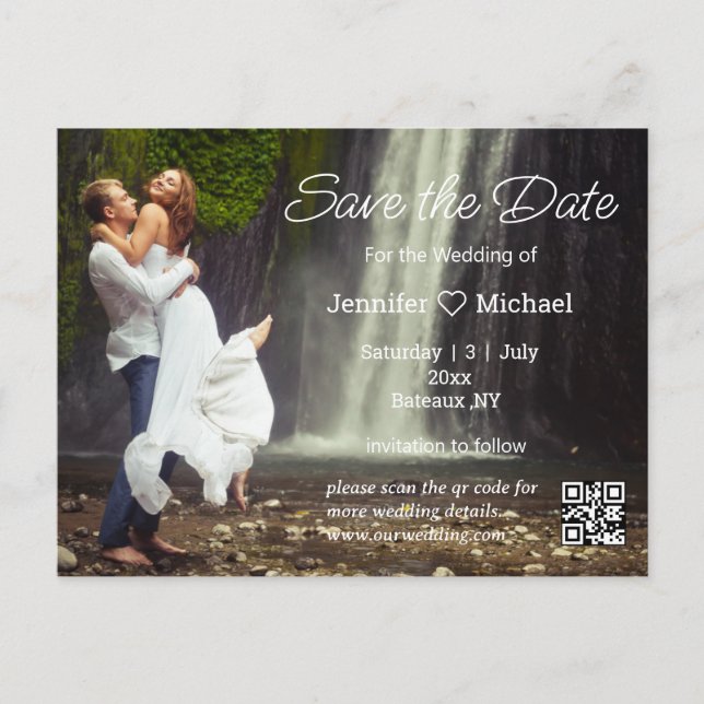 save the date minimalist script qr code photo  announcement postcard (Front)