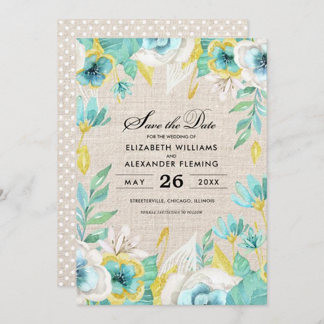 Save the Date. Mint Floral Wedding Announcements (Front/Back)