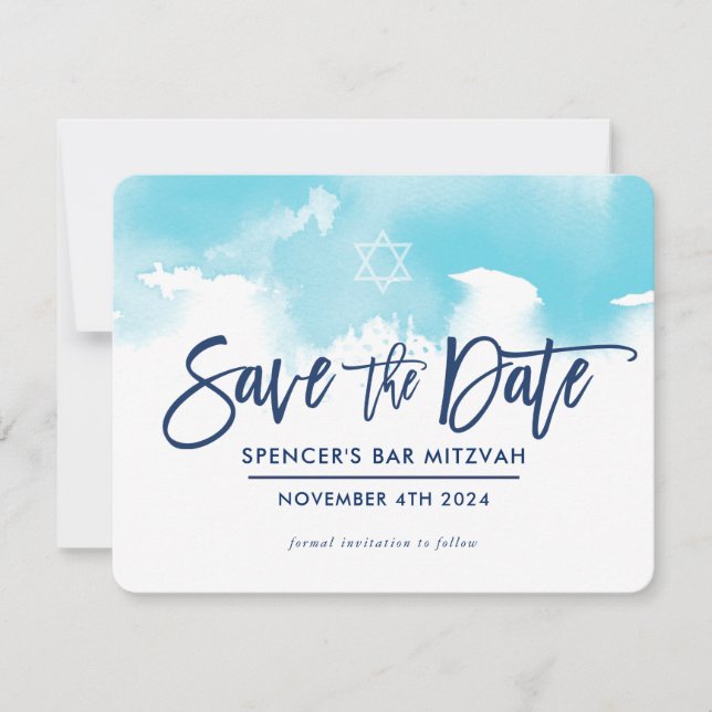 SAVE THE DATE MITZVAH modern aqua blue watercolor (Front)