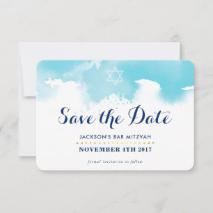 SAVE THE DATE MITZVAH modern star blue watercolor  Thank You Card