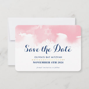 SAVE THE DATE MITZVAH modern star pink watercolor Thank You Card