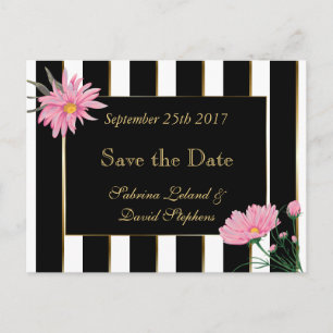 Save the Date Modern Black Stripes Pink Mums Announcement Postcard
