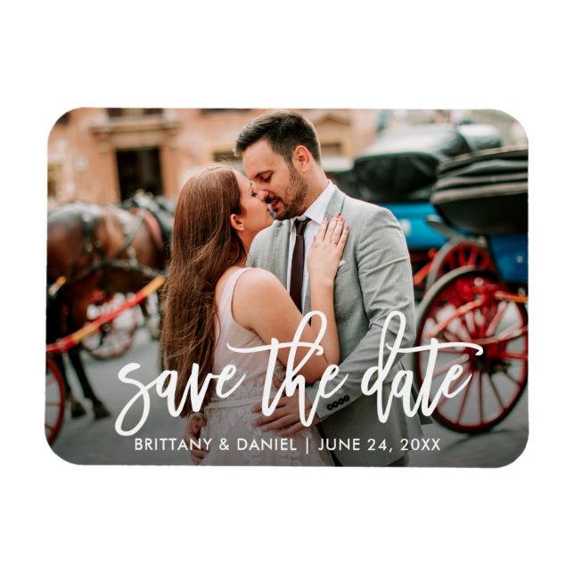 Save The Date Modern Brush Script Couple Photo Magnet (Horizontal)