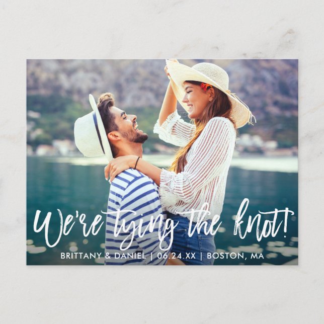 Save the Date Modern Brush Script Tying The Knot Postcard (Front)