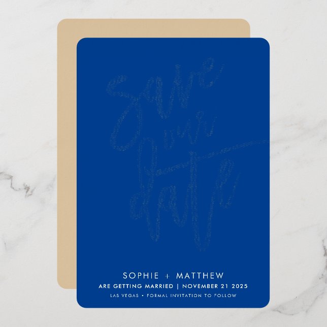 SAVE THE DATE modern calligraphy script royal blue (Front/Back)