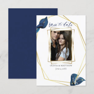 SAVE THE DATE   Modern Deep Indigo Blue and Gold Invitation