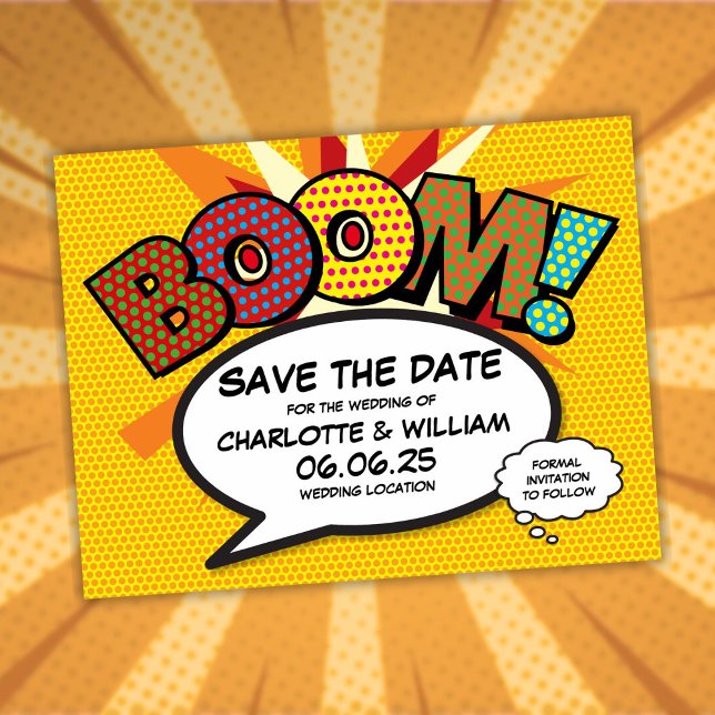 Save the Date Modern Fun Comic Book Boom Announcement Postcard (Save the Date Modern Fun Comic Book Boom Announcement Postcard)