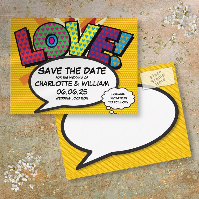 Save the Date Modern Fun Comic Book Love Announcement Postcard (Save the Date Modern Fun Comic Book Love Announcement Postcard)