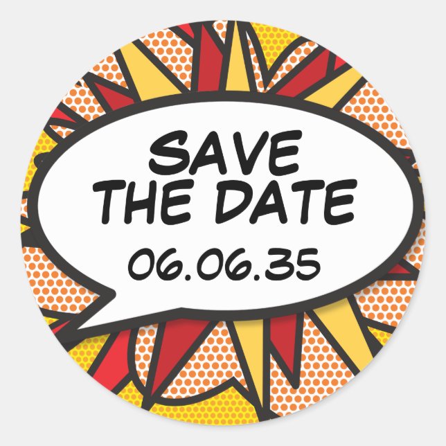 Save The Date Modern Fun Speech Bubble Classic Round Sticker (Front)