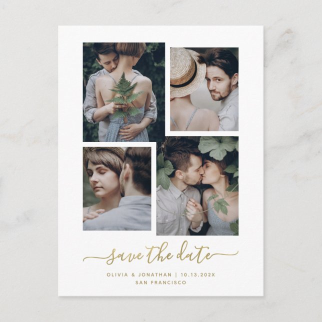 Save the Date | Modern Gold Four Photo Collage Postcard (Front)