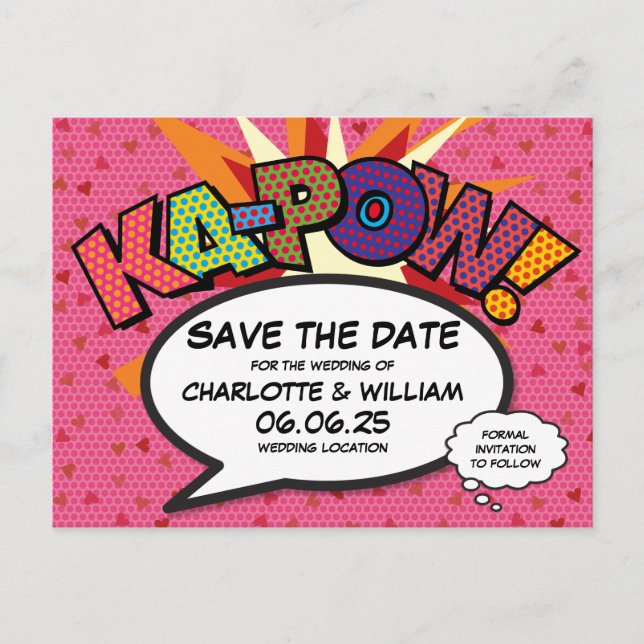Save The Date Modern Hearts Confetti Comic Wedding Announcement Postcard (Front)