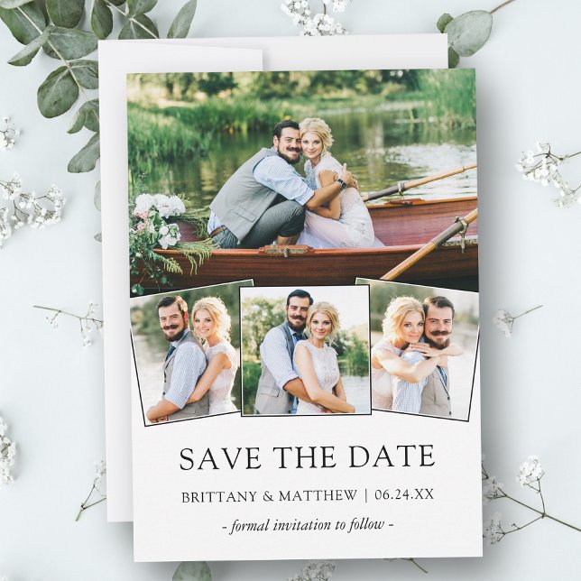 Save The Date Modern Minimalist 4 Photo (Customize to change text size, style or to add more text & photos to back of card.)