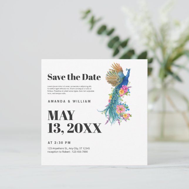Save The Date Modern Minimalist Peacock Wedding  (Standing Front)