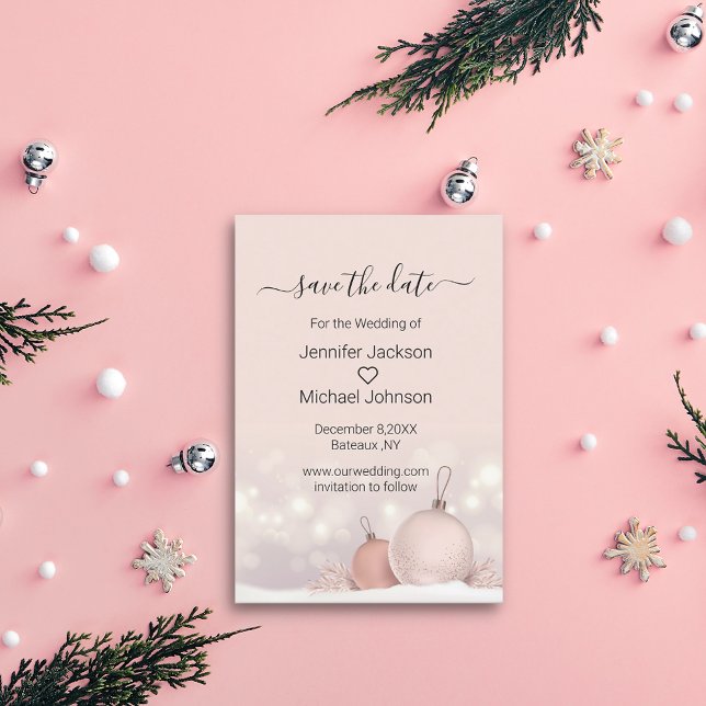 save the date modern pink christmas ornaments card (Creator Uploaded)