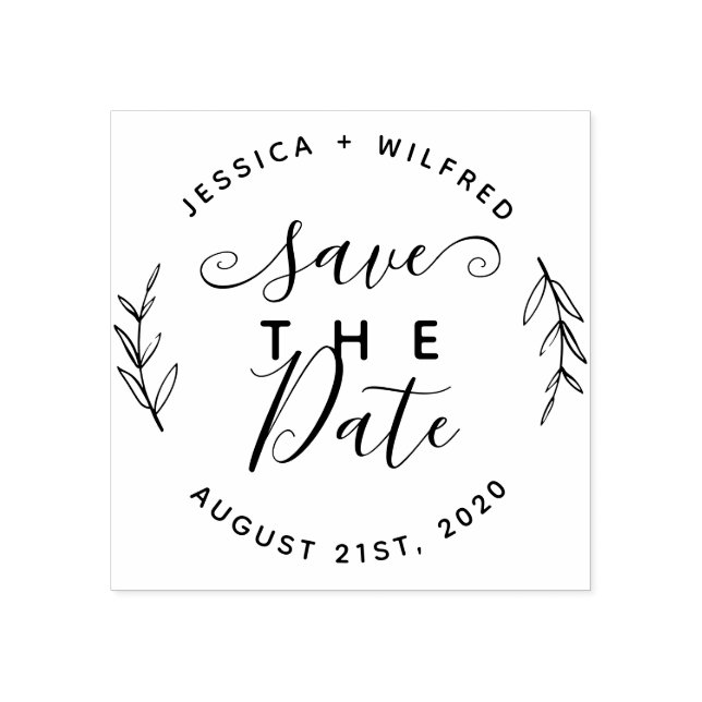 Save The Date Modern Round Wreath & Rustic Script Rubber Stamp (Imprint)