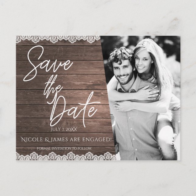 Save the Date Modern Rustic Wood & Lace Photo Announcement Postcard (Front)