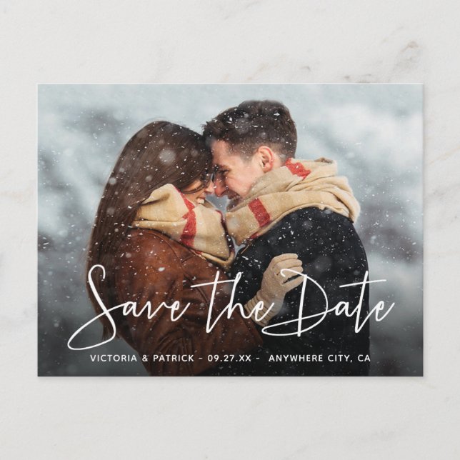Save the Date Modern Script Typography Wedding Announcement Postcard (Front)