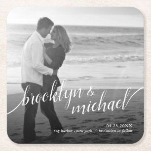 Save the Date Modern Swash Script Announcement Square Paper Coaster