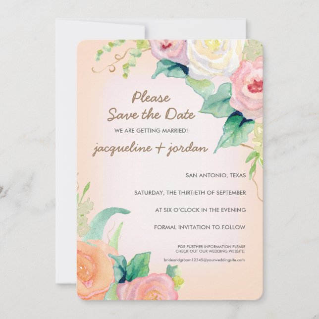 Save the Date Modern Watercolor Floral Roses Invitation (Front)
