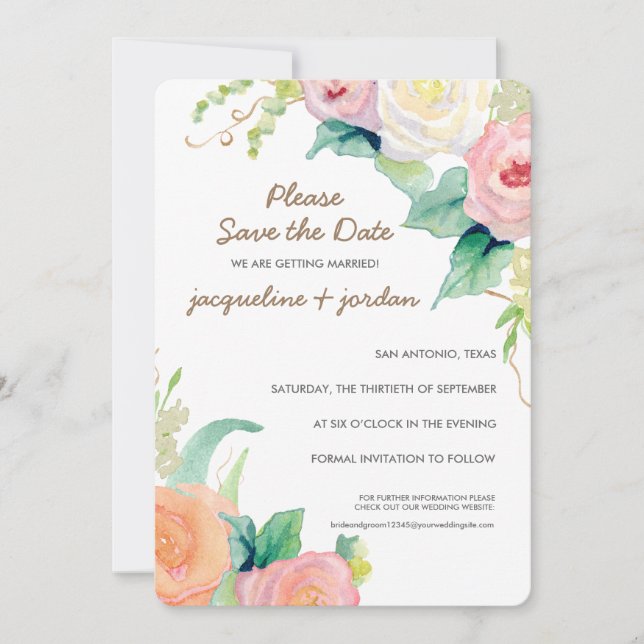 Save the Date Modern Watercolor Floral Roses Invitation (Front)