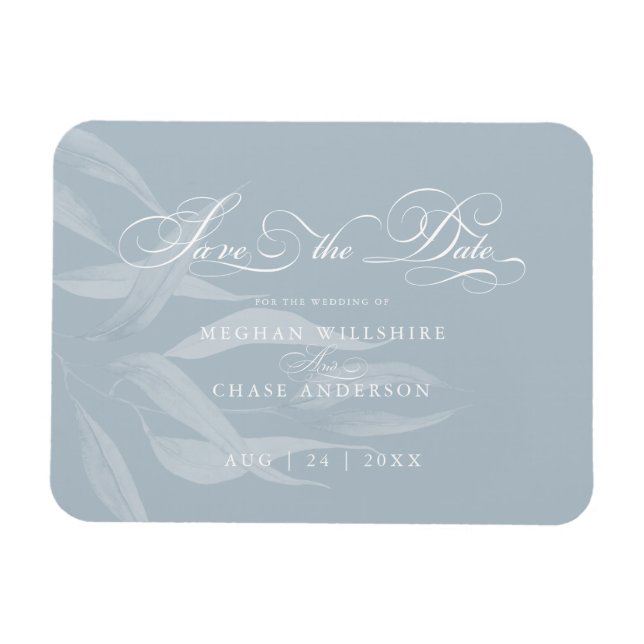 Save the Date Modern White Foliage on Dusty Blue Magnet (Horizontal)