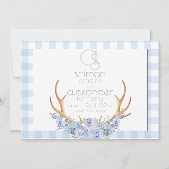 Save the Date | Monogram Blue Gingham Floral BOHO (Front)