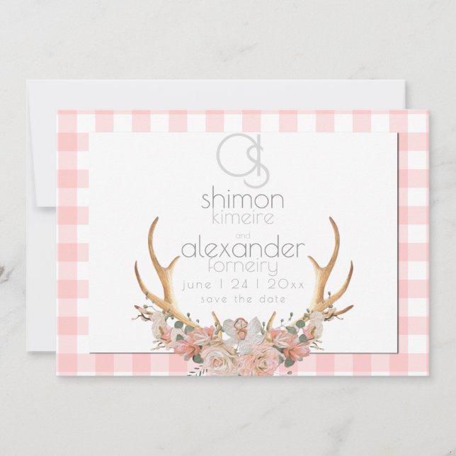 Save the Date | Monogram Coral Gingham Floral BOHO (Front)