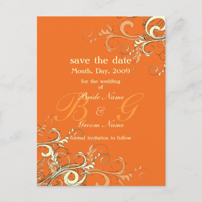 Save the Date, monogram cream swirls/DIY colour Announcement Postcard (Front)