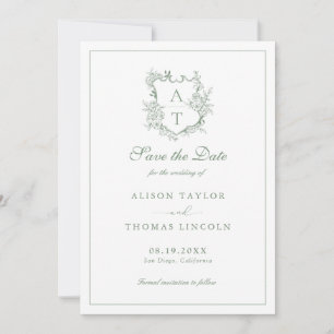 Save The Date Monogram Crest Sage Green Card