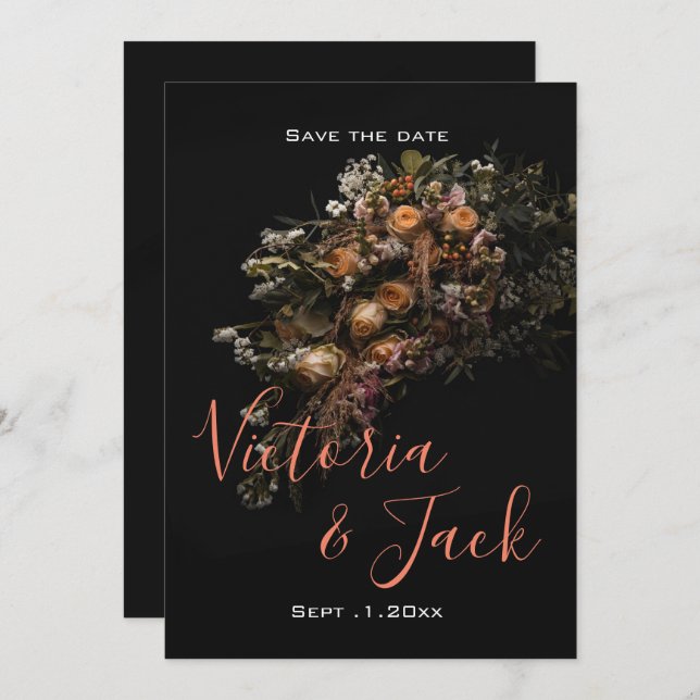 save the date moody floral ,orange  white floral i invitation (Front/Back)