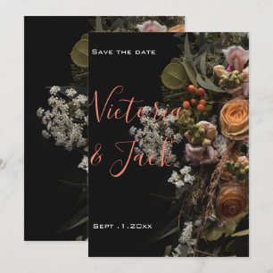 save the date moody floral ,orange white floral invitation