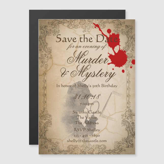 Save The Date Murder Mystery MAGNETIC Party Invite (Front/Back)