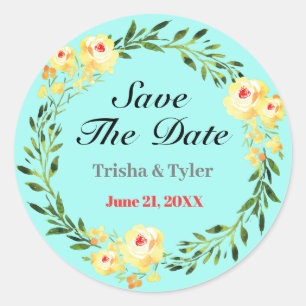 Save The Date, Names & Date Yellow Flowers Lt Teal Classic Round Sticker