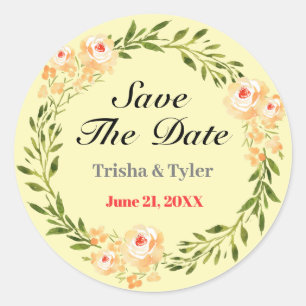 Save The Date, Names & Date Yellow Flowers Lt Yel Classic Round Sticker