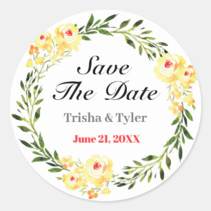 Save The Date, Names & Date Yellow Flowers Wedding Classic Round Sticker