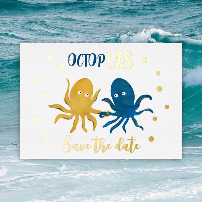 Save the date navy and gold beach funny octopus (Creator Uploaded)