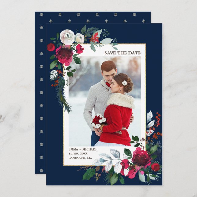 Save the Date. Navy Blue | Burgundy Wedding Photo Invitation (Front/Back)