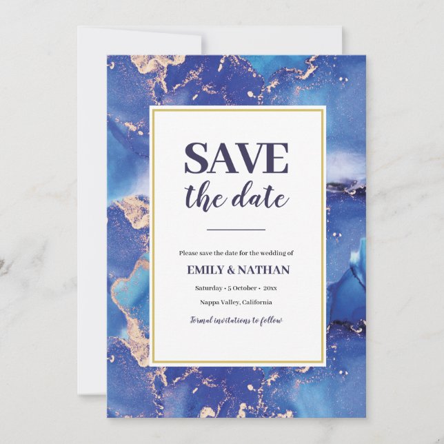 Save the date Navy Blue Gold Inky Invitation (Front)