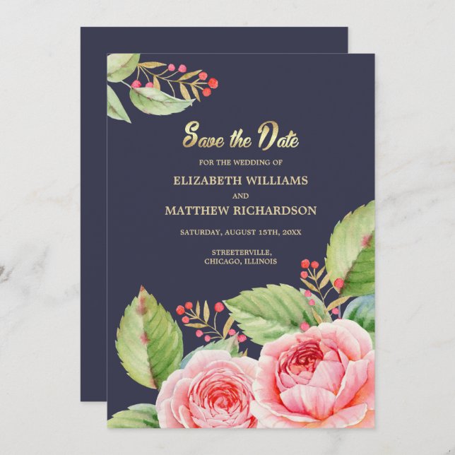Save the Date. Navy Blue Watercolor Floral  Invitation (Front/Back)