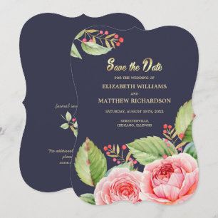 Save the Date. Navy Blue Watrecolor Floral Card
